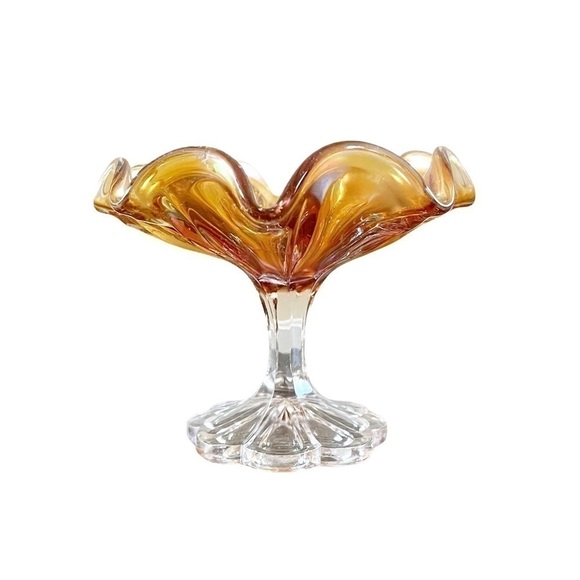 Antique Marigold Carnival Glass Compote Candy Dish Ruffle Clear Stem - Picture 7 of 7